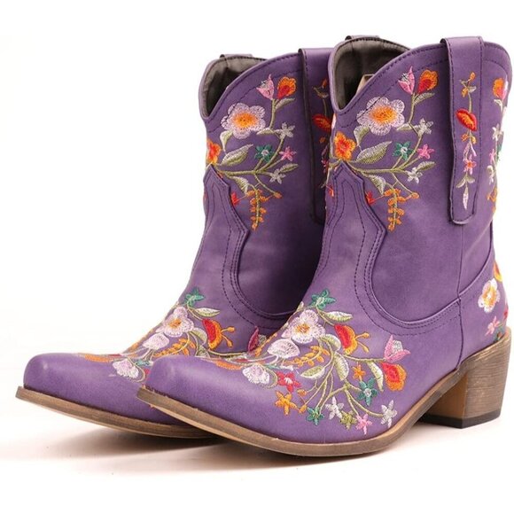 Women Flower Embroidered Ankle Booties Purple Synthetic Chunky Heel Short Boots - Picture 1 of 6